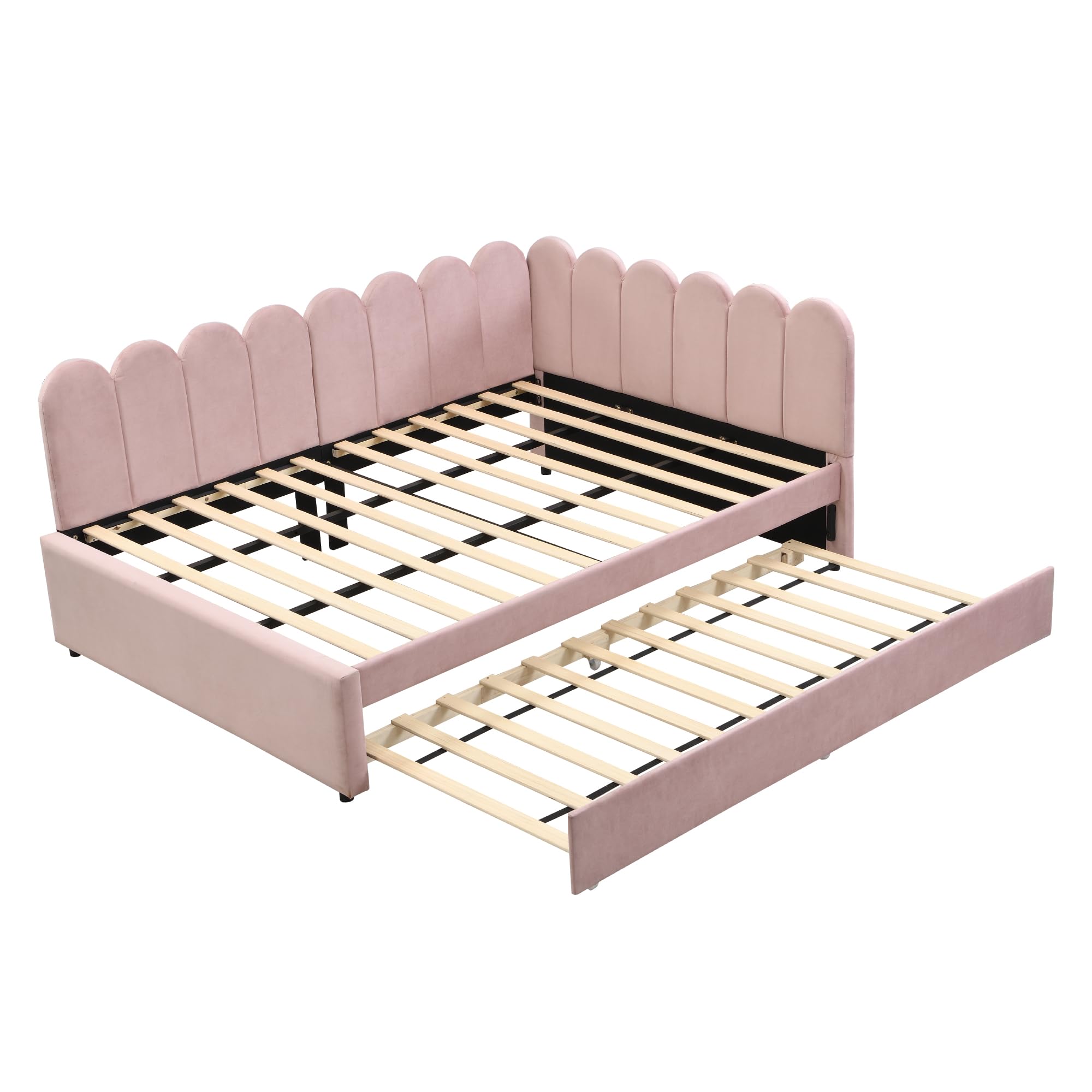 Kebnor Letto imbottito a forma di L, divano letto 140 x 200 cm, con schienale floreale e letto estraibile in tessuto di velluto (rosa, 140 x 200 cm)