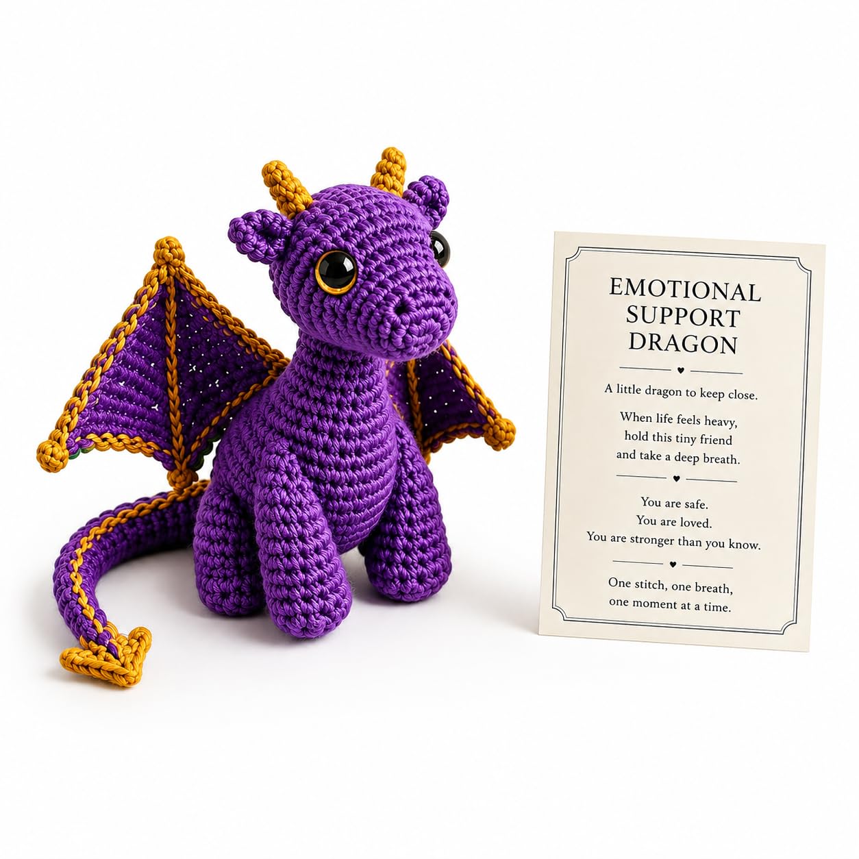 Emotional Support Dragon Pocket Buddy, Cute Handmade Plush Stuffed Animals with Encouragement Card, Anxiety Relief Desk Decor, Fantasy Gift for Students & Adults (Purple)