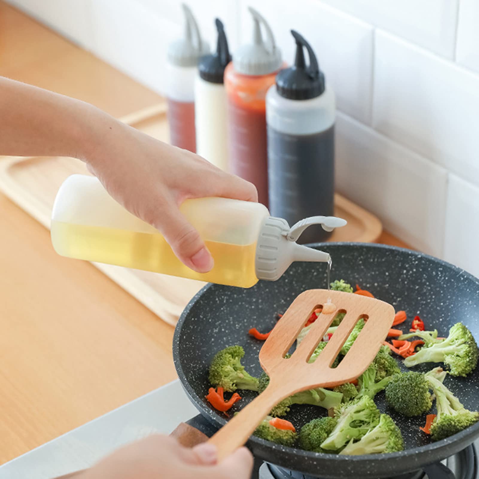 Bottiglie Spremibili Ricaricabili Per Salse - Set Da 3 Da 350ml, Nero, Con Coperchio Anti-Perda - Foto 6