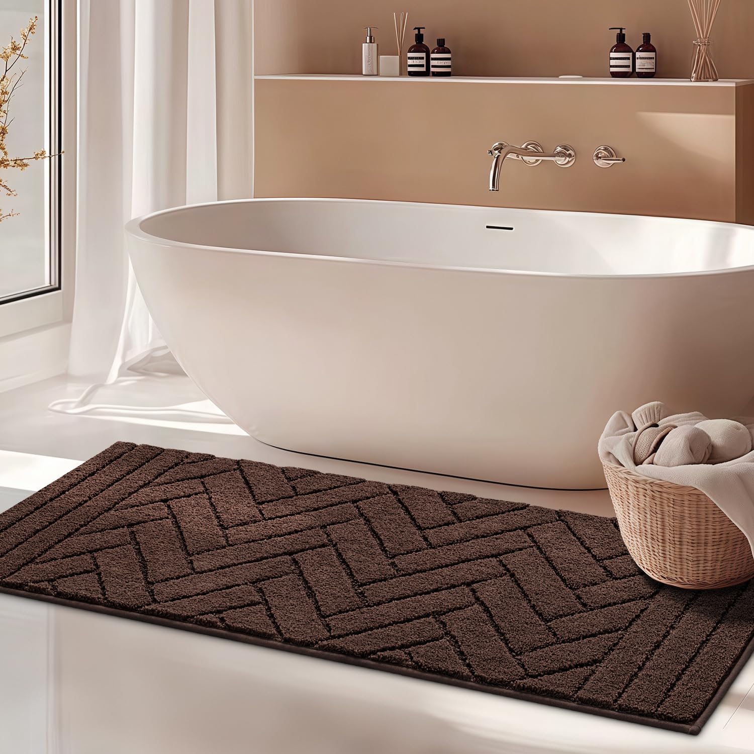 hicorfe Luxury Long Bath Mat 20"x48" Extra Soft and Absorbent Bathroom Mat Non-Slip Plush Shaggy Machine Washable Bathroom Carpet for Bathroom Floor,Shower,Sink-Dark Coffee