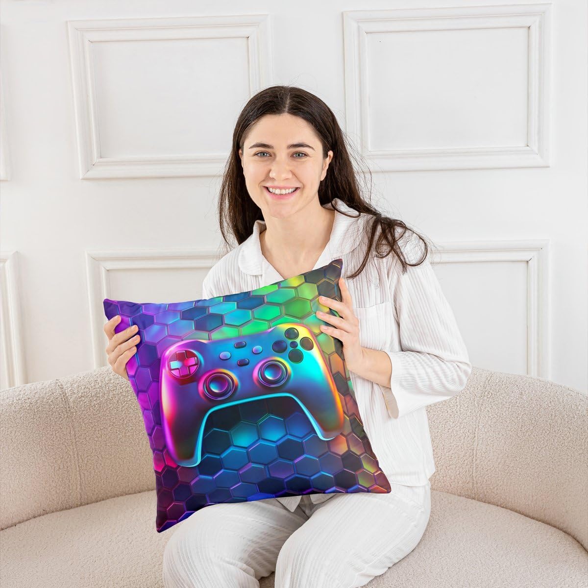 Video Games Throw Pillow Cover Geometric Gamer Controller Double Sides Print Squar Pillow Cover, Gaming Gamepad Cushion Cover for Bed Couch Sofa, Kids Boys Teens Room Decor, Single Pack 20"x20" image 2