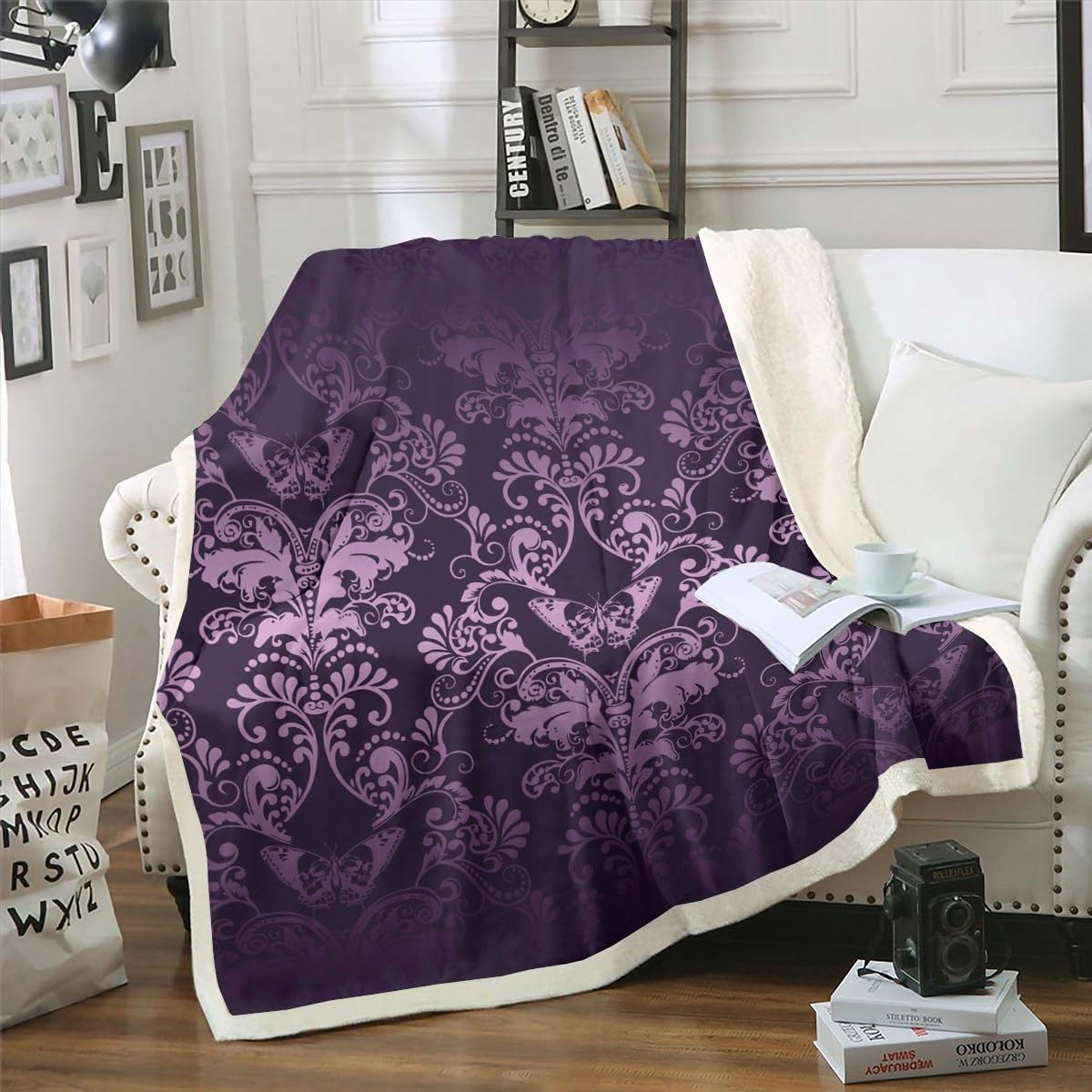 Adults Damask Gothic Throw Blanket Antique Victorian Blanket 90"x90",Vintage Floral Goth Fleece Blanket Aesthetic Butterfly Bed Blanket,Sugar Skull