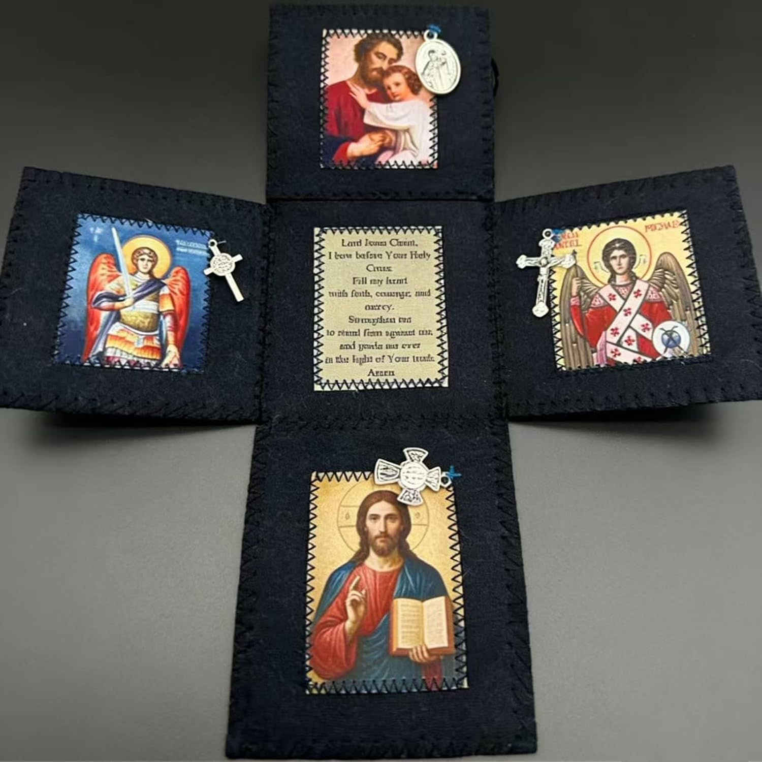 Zimrtvnt Handcrafted Catholic Pocket Shrine: Cross Inside, Sacred Artwork & Prayer Quilt | Portable Pocket Altar, Handmade Faith Devotional for Women – Catholic Devotional Accessory (D)