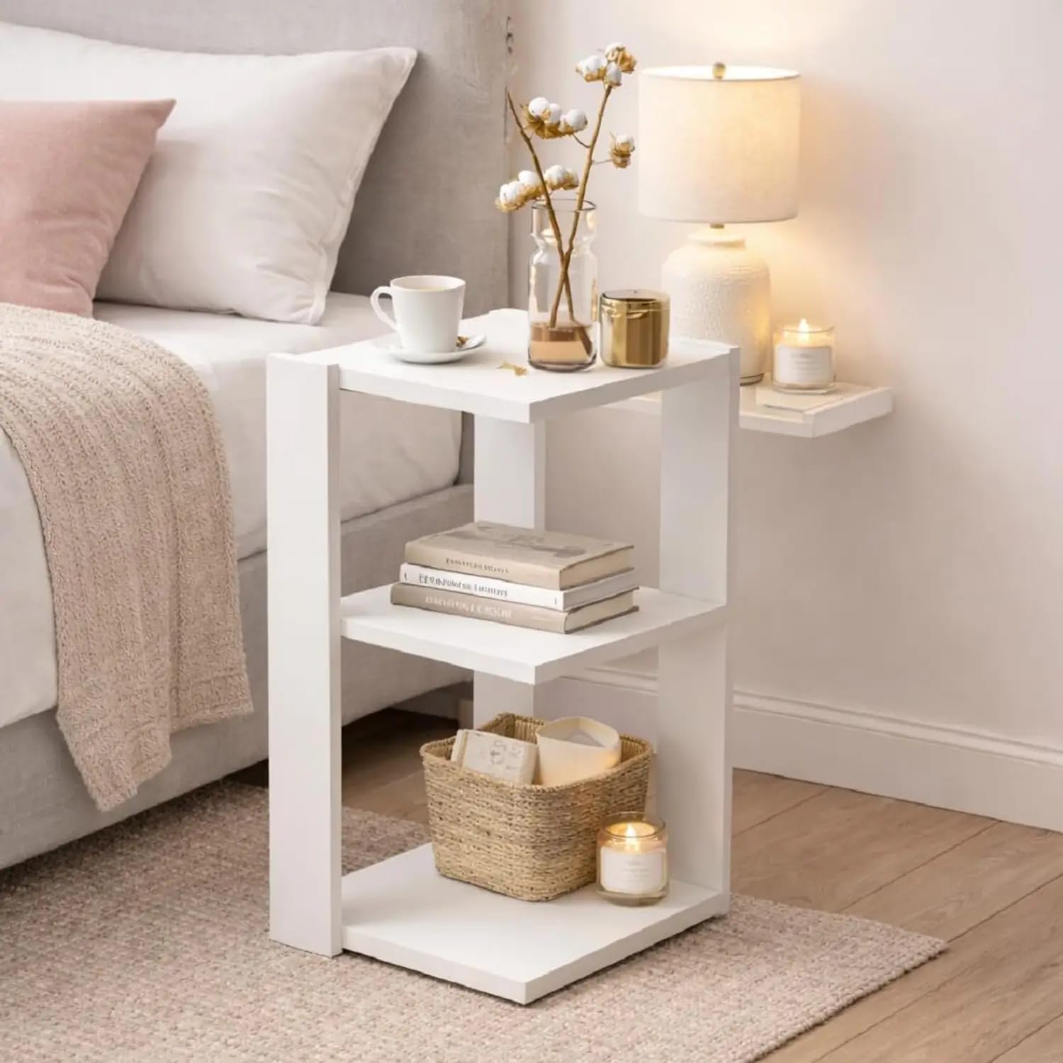 THE WOODEN CITY Wooden Bedside Table | Side Table for Bedroom | Engineered Wood End Table Night Stand (White1, 30x30x60 cm)-image-11