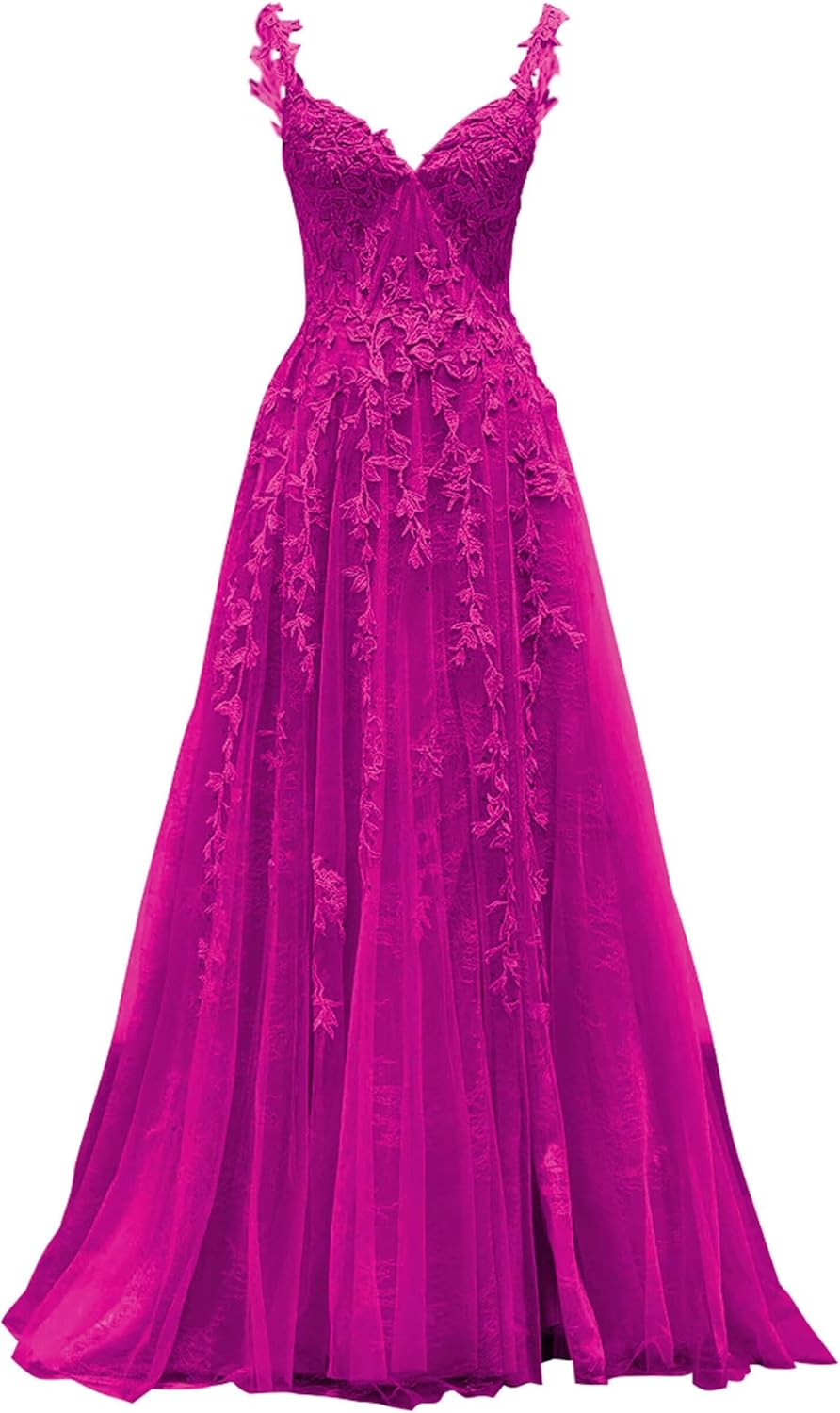 Lace Tulle Prom Dresses 2026 Long Ball Gown Spaghetti Strap Formal Evening Party Gown with Slit