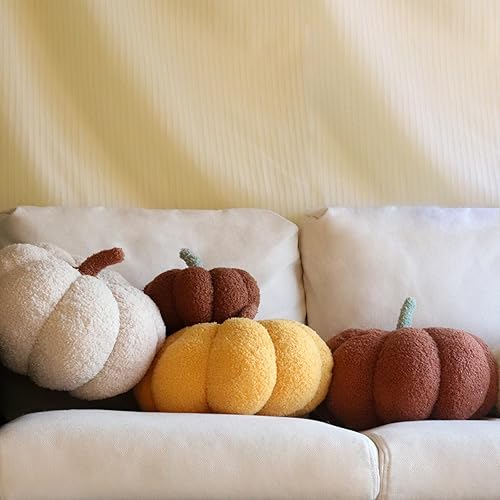 Miniatura 5 de Almohadas de calabaza, almohadas amarillas en forma de calabaza para decoración de habitación, forro polar de peluche de 4 x 7 pulgadas, almohada de