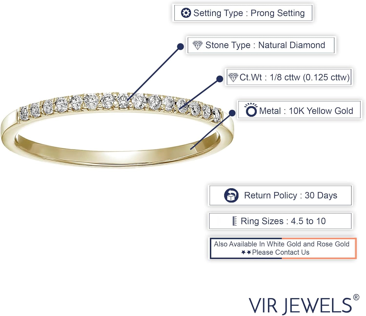 VIR JEWELS 1/8 cttw Petite Round Diamond Wedding Band for Women 10K Yellow Gold Prong Set - Image 5
