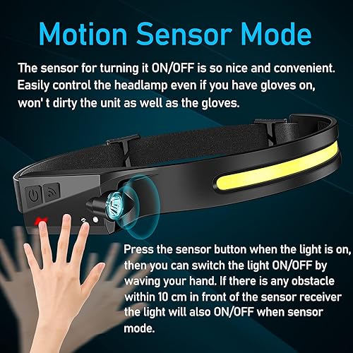 Miniatura 4 de Paquete de 12 faros delanteros recargables, 1000 lúmenes para adultos, 230 ángulos de haz ancho y foco, sensor de movimiento, 6 modos, lámparas de