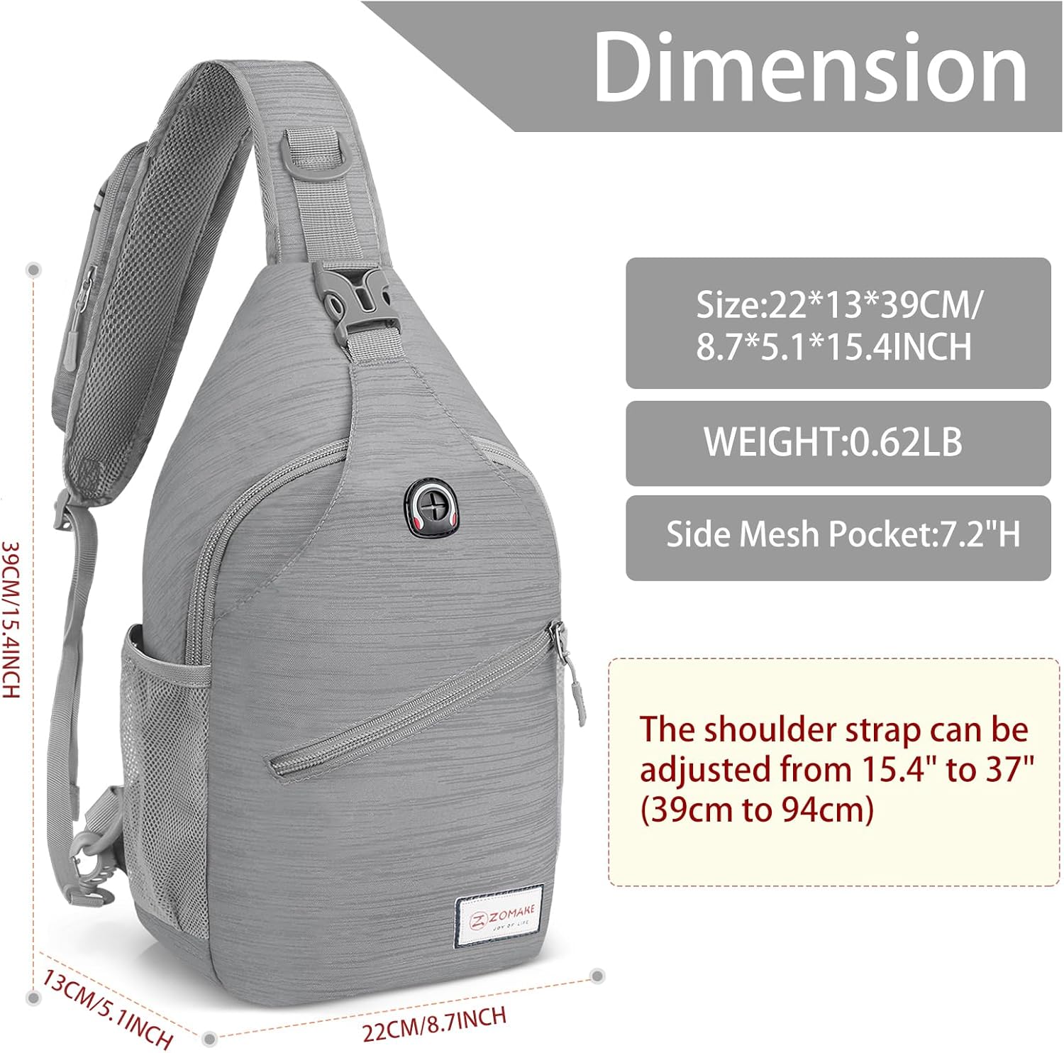 ZOMAKE Sling Bag,Small Crossbody Sling Backpack,Water Resistant Shoulder Daypack for Travel,Anti Thief Chest Bag for Hiking(Grey(Stripe)) - Image 2