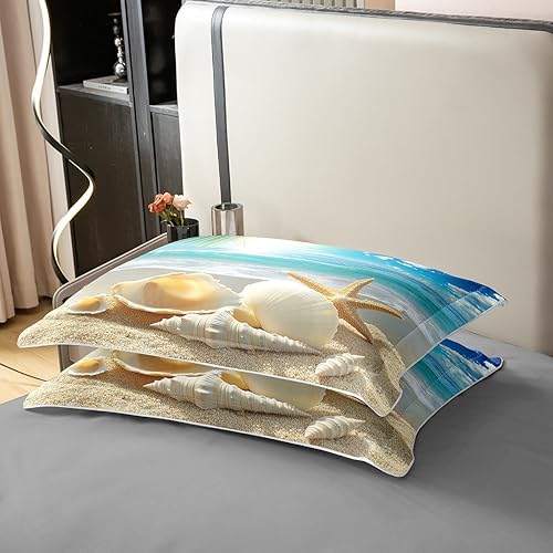 Miniatura 5 de Juegos de ropa de cama de 100% algodón con temática de playa, tamaño completo, funda de edredón azul océano, juegos de cama con estampado de conchas