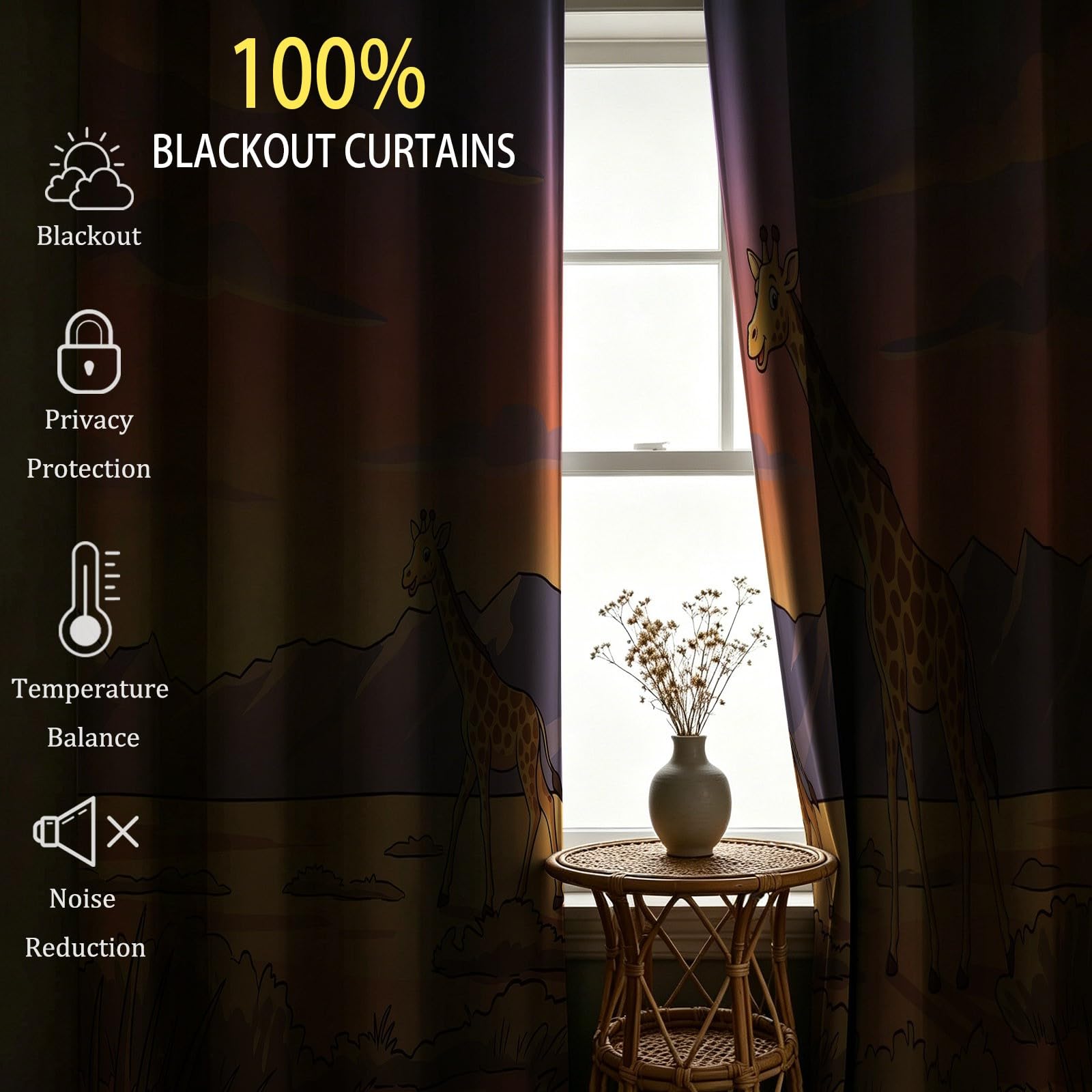 Cortinas de dibujos animados con diseño de sabana y jirafa, cortinas para niños y niñas, cortinas opacas tropicales con ojal, plisado con lápiz, tratamiento de ventanas para habitación infantil