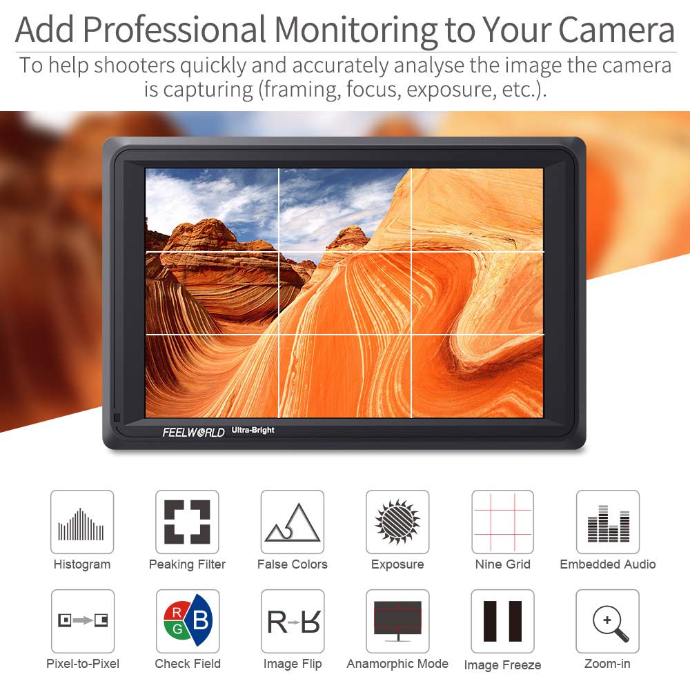 Feelworld FW279S 7 Pulgadas Ultra Brillante On Cámara Field Monitor de Campo DSLR Camera Full HD Focus Video Assist 1920x1200 IPS con 4K HDMI 3G SDI Input Output 2200nit Alto Brillo