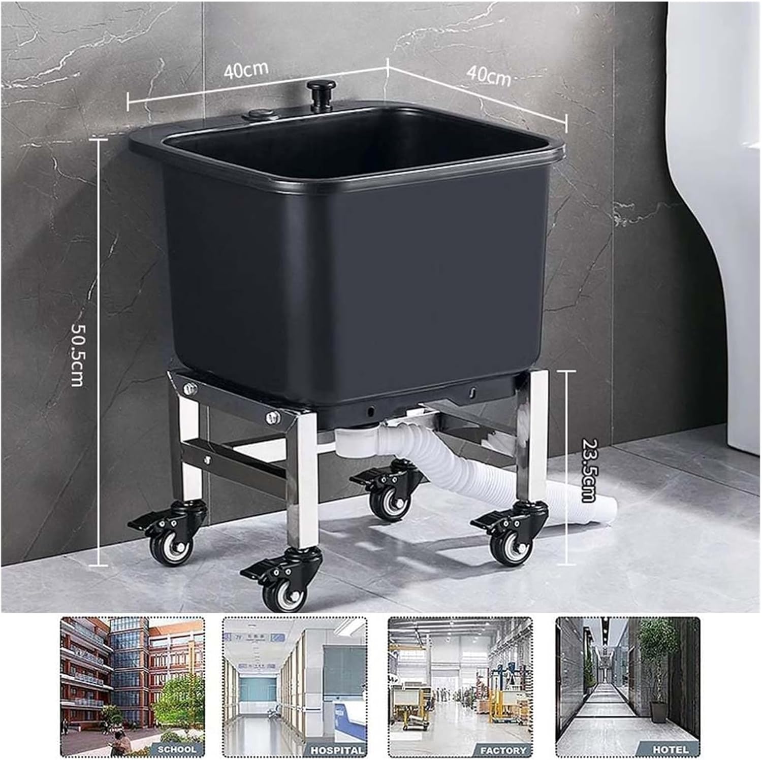 Commercial Mop Sink with Rollers, Plastic Mop Sink Service Basin Household Mop Buckets One Click Drainage Device for Balcony Bathroom Kitchen Restaurant(Black,40x40x50cm)