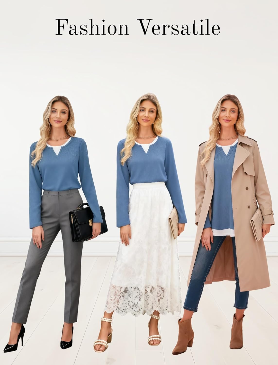 GRACE KARIN Women 2025 Fall Long Sleeve Shirts,Casual Crew Neck Colorblock Tunics,Waffle Knit Fashion Basic Tops - Image 5