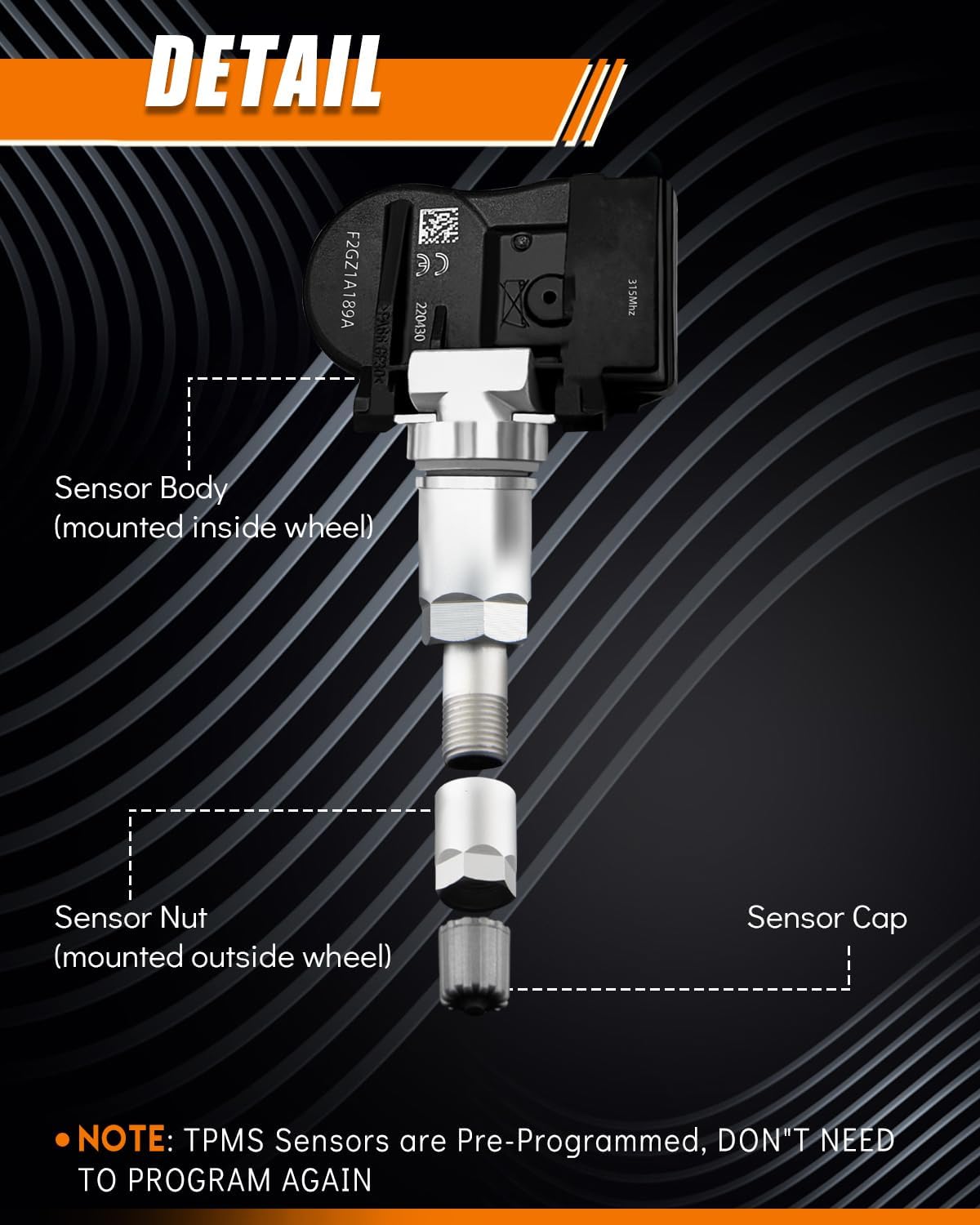 315MHz Tire Pressure Monitor Sensor, Fit for:-Ford Explorer 2015 2016 2017 Edge 2016-2021 F150 for:-Mustang Fusion Ranger, for:-Lincoln MKZ Continental, TPMS Sensor Replace F2GZ1A189A (4 Pcs)