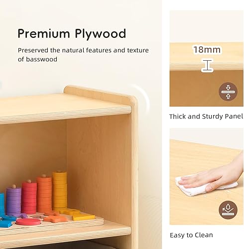 Miniatura 5 de OOOK Estante Montessori de 2 estantes organizadores de juguetes y almacenamiento para niños, estantes de almacenamiento de madera de 3 secciones