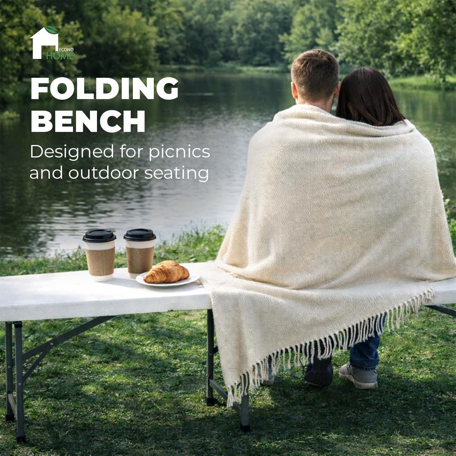 EconoHome Portable White Folding Bench – Heavy-Duty, Lightweight, and Easy to Carry – Perfect for Indoor & Outdoor Events, Camping, Picnics, and Parties