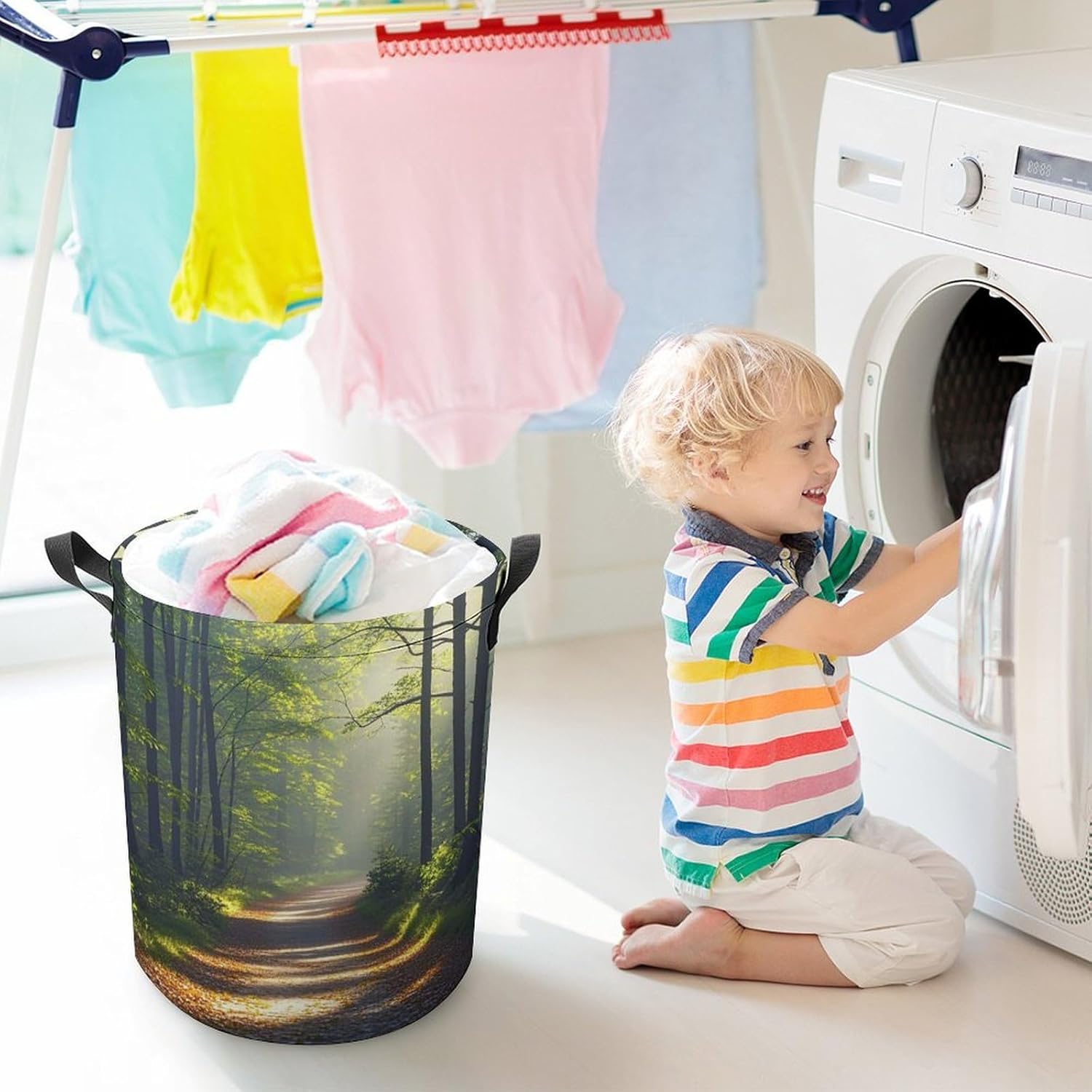 Green Under The Sunshine Laundry Bag Large Collapsible Laundry Baskets Freestanding Waterproof Clothes Hamper with Handles & Drawstring for Laundry Room Bedroom Bathroom