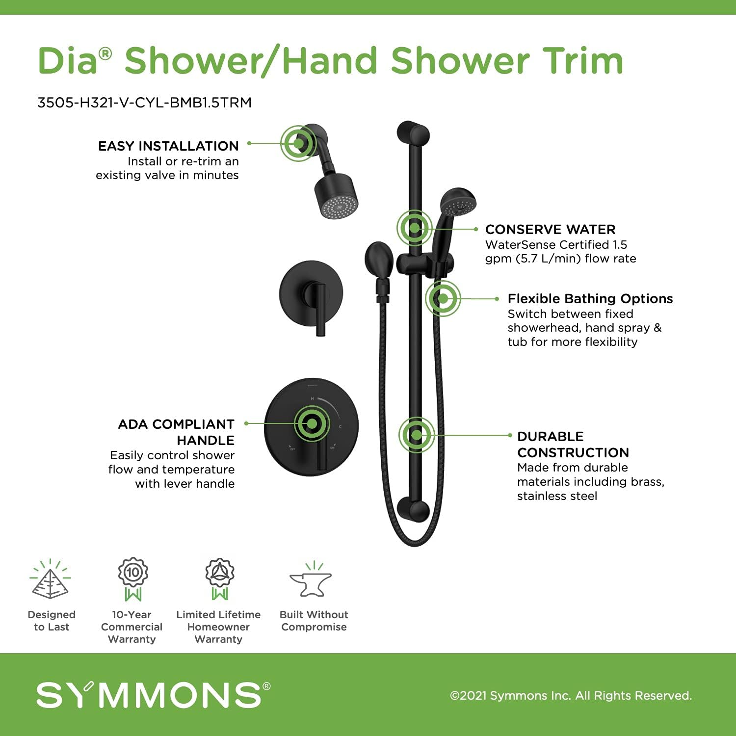 Symmons 3505-H321-V-CYL-BMB1.5TRM Dia 2-Handle 1-Spray Shower Trim with 1-Spray Hand Shower in Matte Black (Valves Not Included)