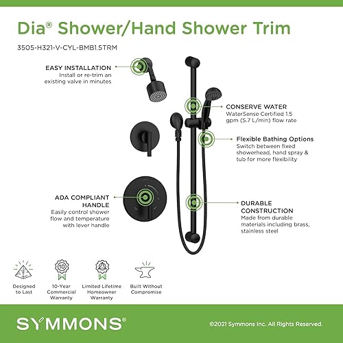 Miniatura 4 de Symmons 3505-H321-V-CYL-BMB1.5TRM - Moldura de ducha de 2 manijas con 1 pulverizador de ducha de mano en negro mate (válvulas no incluidas)