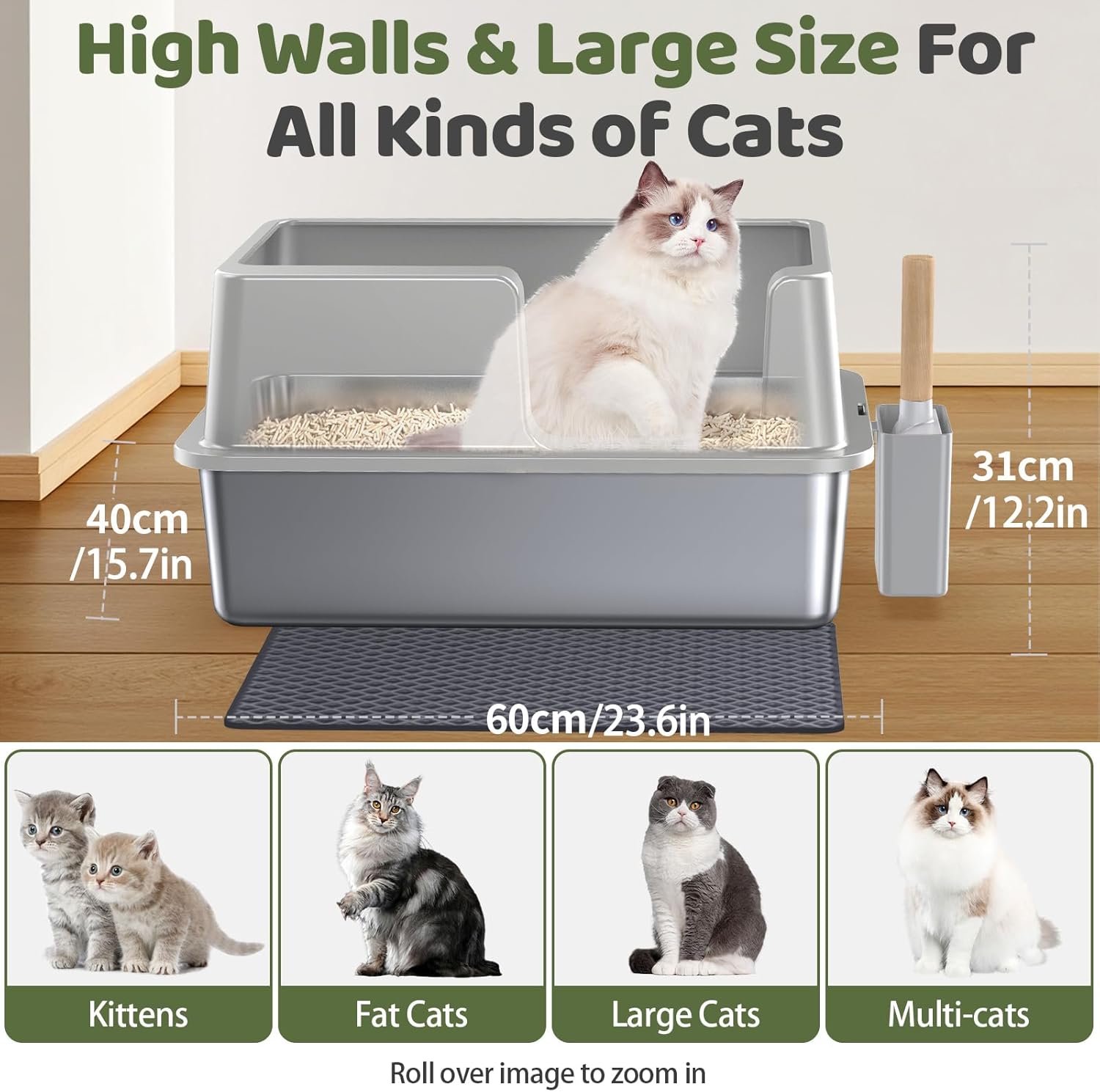 Gimars XL Stainless Steel Cat Litter Box 23.6x15.7x12.2in, Easy to Clean & No Odour Stainless 36L High Sided Steel Litter Tray, Leak-Proof Cat Litter Trays with Scoop & Mat