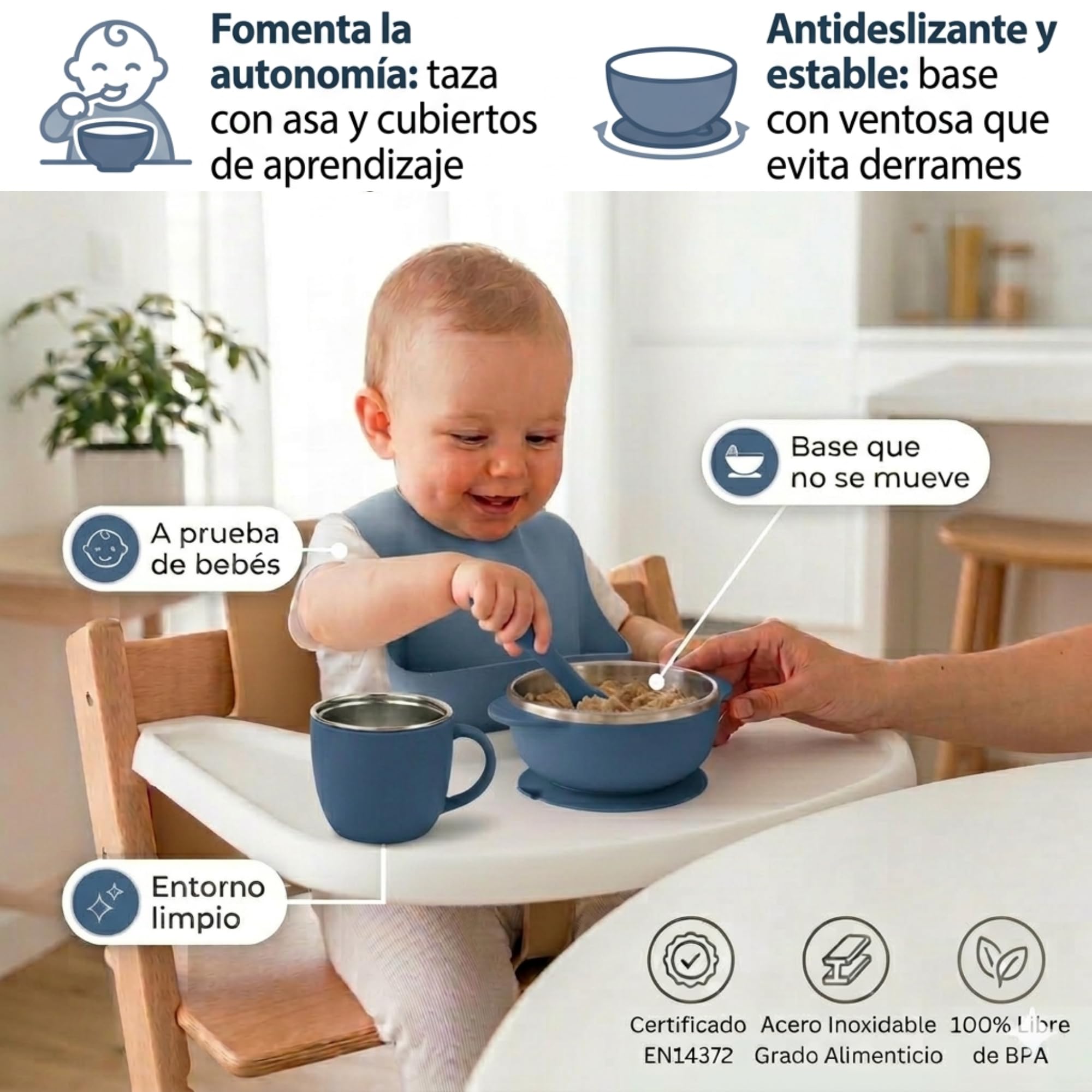 NENAVIBE Juego bebé 4 piezas acero inoxidable | Bol con ventosa, taza con asa y cubiertos BLW | Antideslizante, silicona desmontable, apto lavavajillas y sin olores | regalo 6 meses (Azul) — view 5