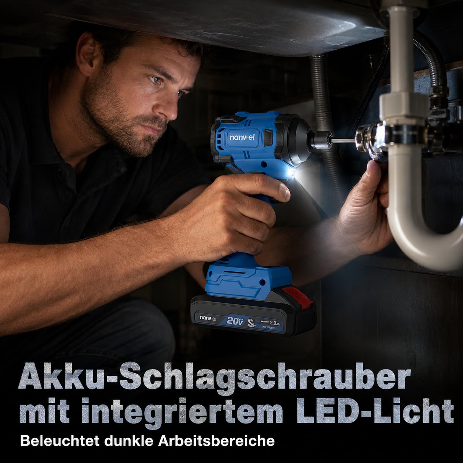 NANWEI Atornillador de impacto con batería de 1/4 pulgadas, 240 Nm, rotación inversa con modo de parada automática, 4 marchas, atornillador de impacto sin escobillas, destornillador de impacto sin