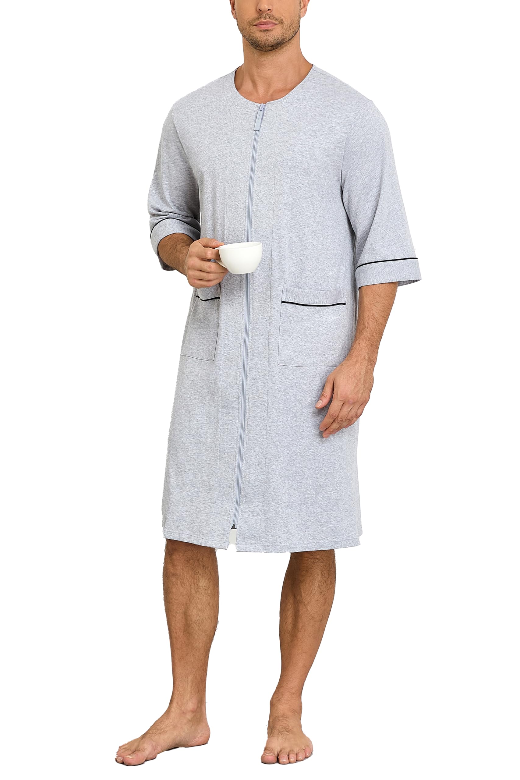 EA'S SECRET Herren 100% Baumwolle Morgenmantel Weicher Reißverschluss Bademantel 3/4-Ärmel Sommer Hausmantel Mit Taschen