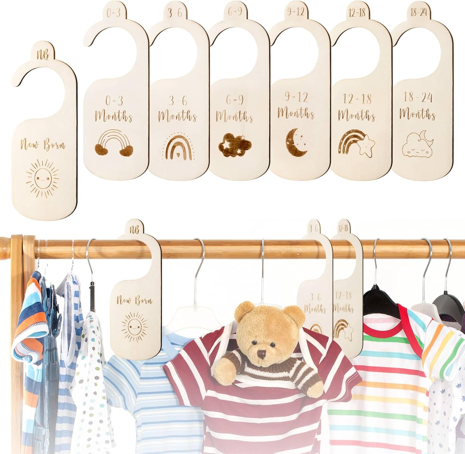 7pcs Baby Closet Dividers for Clothes Organization, Wooden Double-Sided Baby Clothes Dividers for Closet, Wooden Baby Clothes Organizer from Newborn to 24 Months