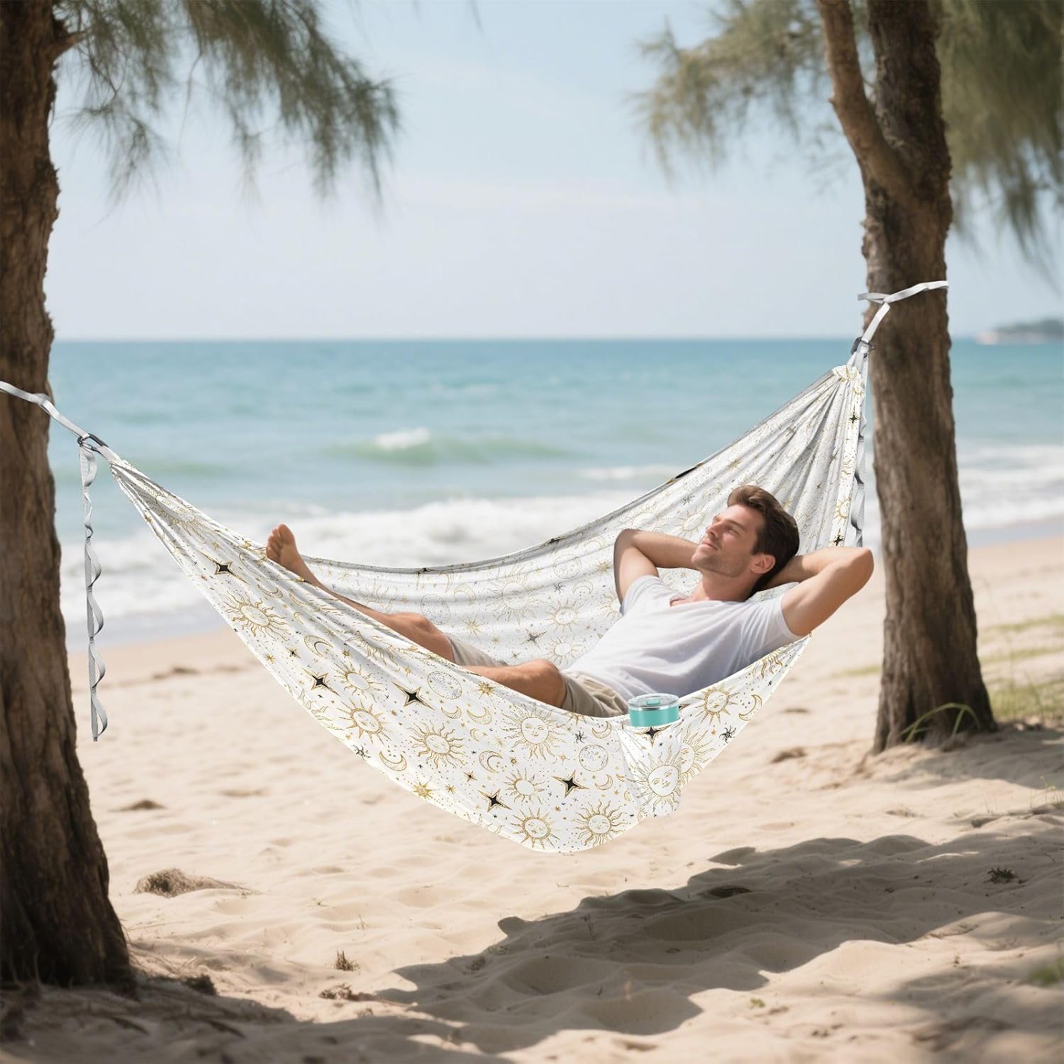 ALAZA Sun Star Crescent Moon Doodle Camping Hammocks Single or 2 Person 500 lbs Portable Parachute Travel Hammock w/Tree Straps for Hiking Backpacking Indoor Outdoor