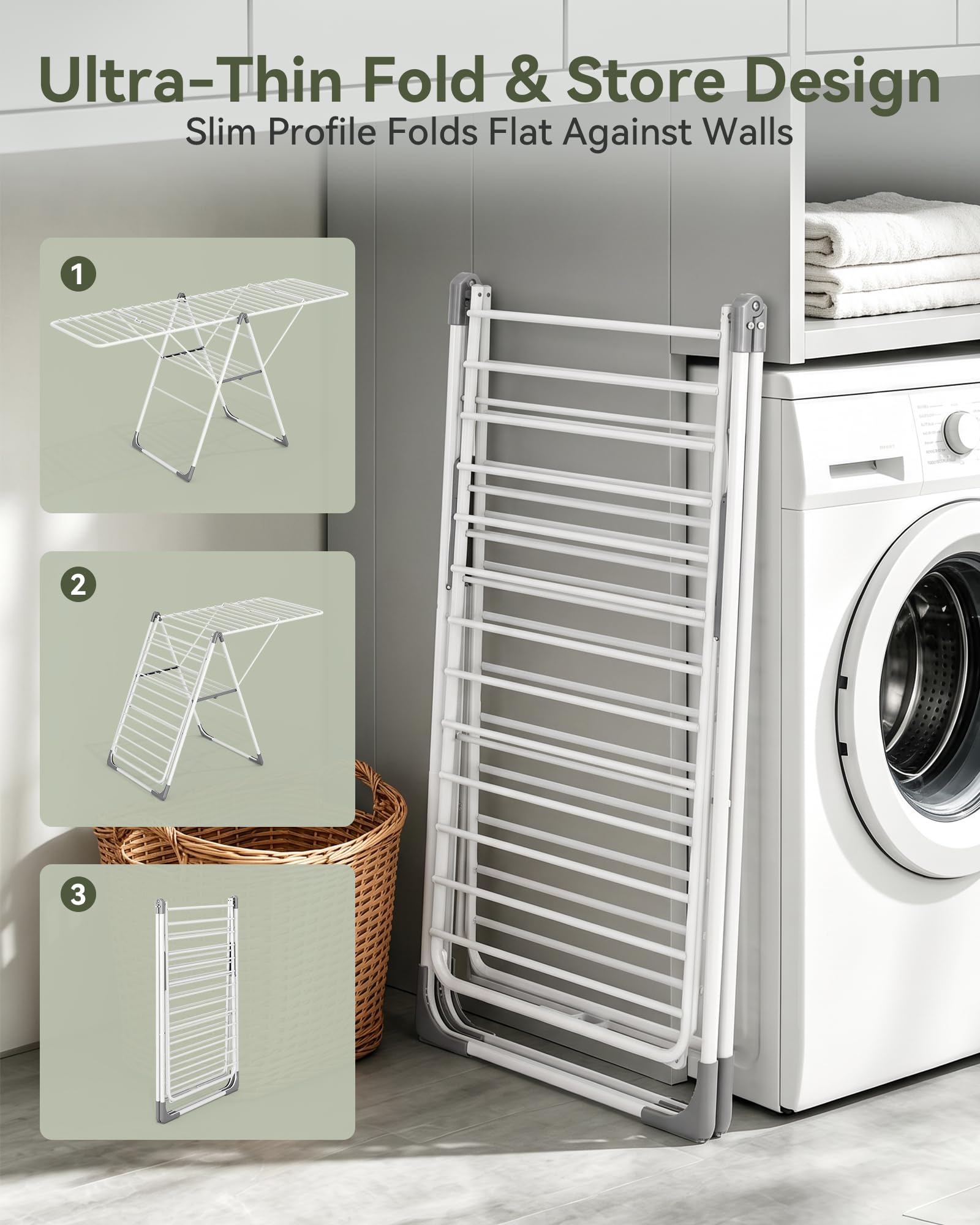 APEXCHASER Étendoir à linge pliable en métal robuste, réglable en hauteur, facile à plier et peu encombrant, pour intérieur et extérieur, blanc