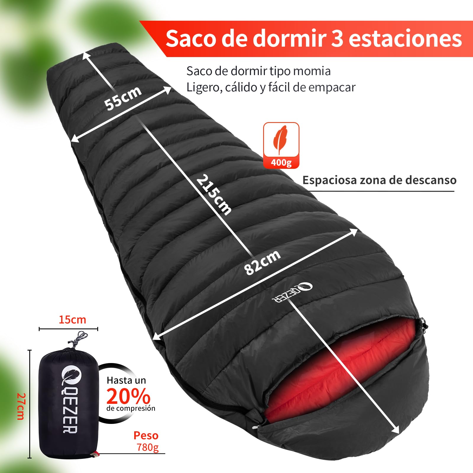 Saco de Dormir Ultraligero de plumón para Adultos, Solo 730 g, Ligero, 16 °C, 2 °C, 600FP Relleno, para Acampar y Senderismo al Aire Libre, con Saco de compresión Gratis