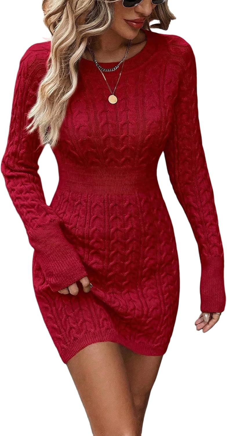 GORGLITTER Women's Cable Knit Sweater Dress Long Sleeve Knit Fall Winter Dresses Crewneck Mini Pencil Dresses