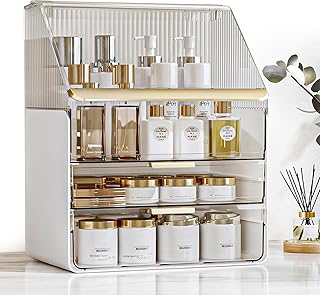 Makeup Organizer Countertop with Drawers & Lid, Skincare Organizer for Vanity, Large Cosmetic Organizer & Display Cases and Storage for Bathroom & Desktop. Perfect for Girl Women Mom Gifts