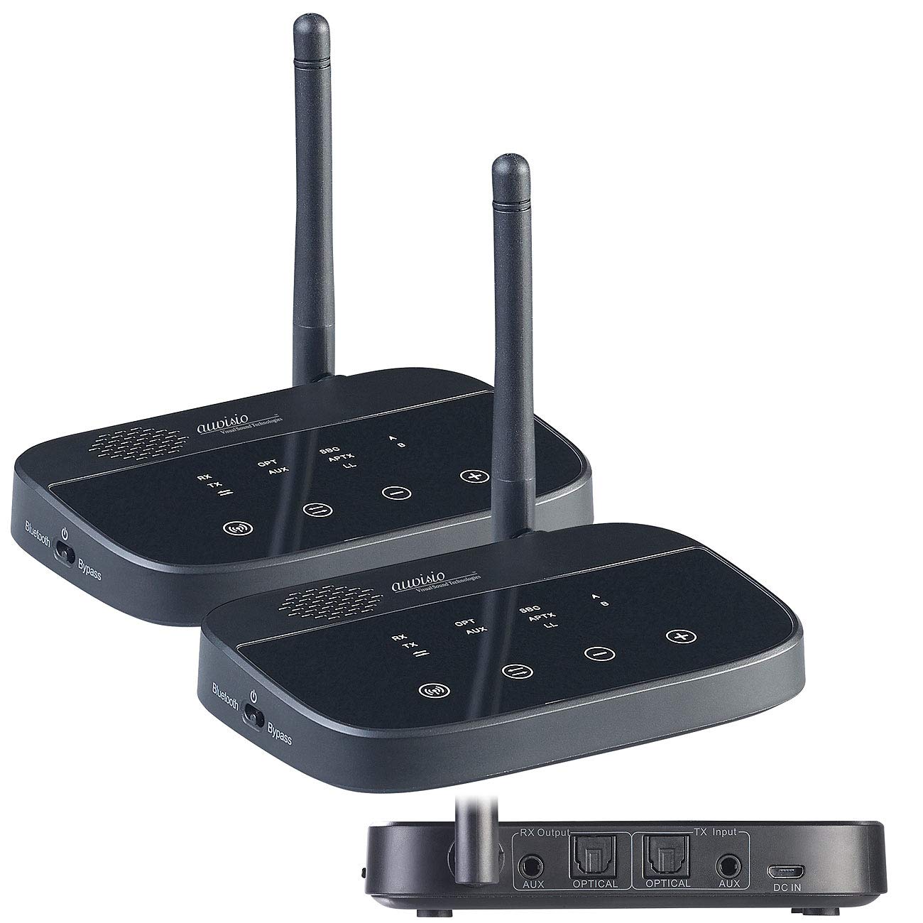 auvisio Audio Funkübertragung: 2er-Set 2in1-Audio-Sender & -Empfänger, Bluetooth 4.2, aptX (TV Funkübertragung, Audioadapter, Bluetooth, Klinke Adapter)