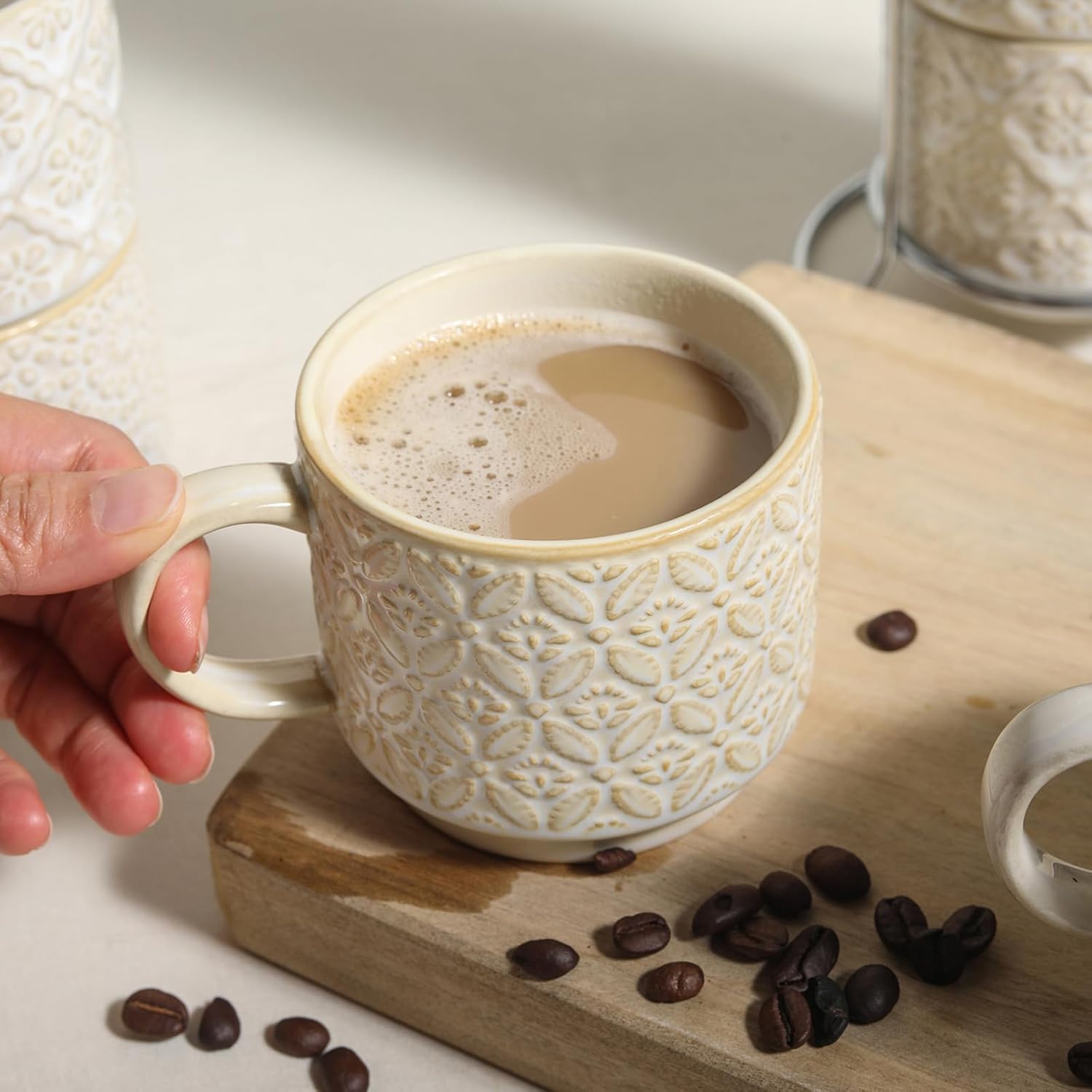 6 Oz Coffee Cups Set of 4, Espresso Cups with Stand, Stackable Cappuccino Mugs Set, Embossed Coffee Cup for Latte, Tea, Cocoa, Mocha, Housewarming Present, Dishwasher Safe