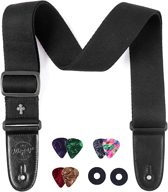 Black Guitar Strap Cotton Adjustable 2 Inch Width Bass Acoustic Strap