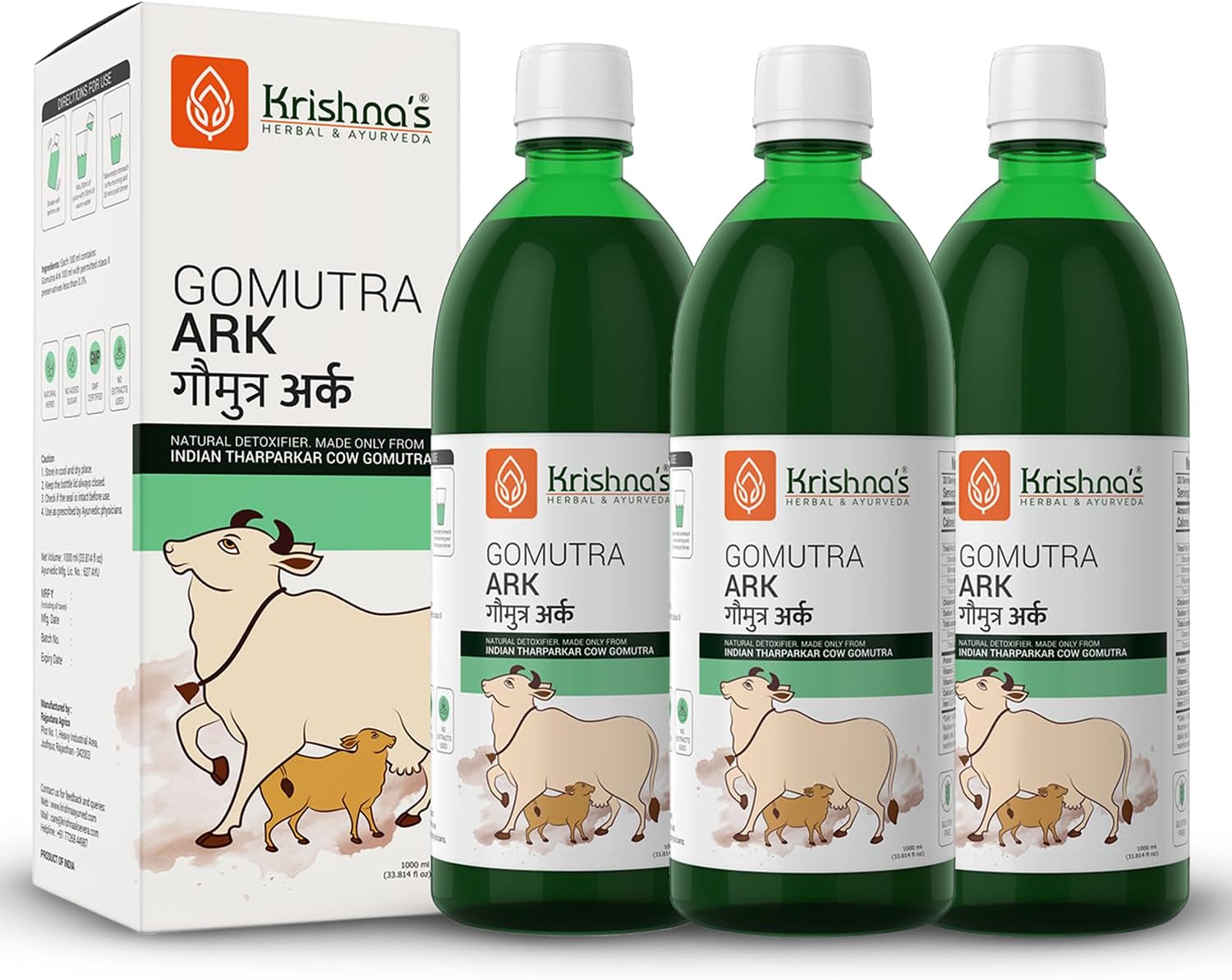 KRISHNA'S HERBAL & AYURVEDA Gomutra Ark | Natural Detoxifier| 100% Pure & Natural Go Ark | Indian Tharparakar Gomutra | Sugar Free Juice With No Added Color Or Flavour - 1 Litre (Pack Of 3)