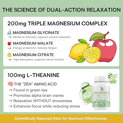 Miniatura 3 de Complejo de magnesio con L-teanina 200 mg de triple magnesio + 100 mg de L-teanina Sueño, alivio del estrés y apoyo muscular 90 cápsulas