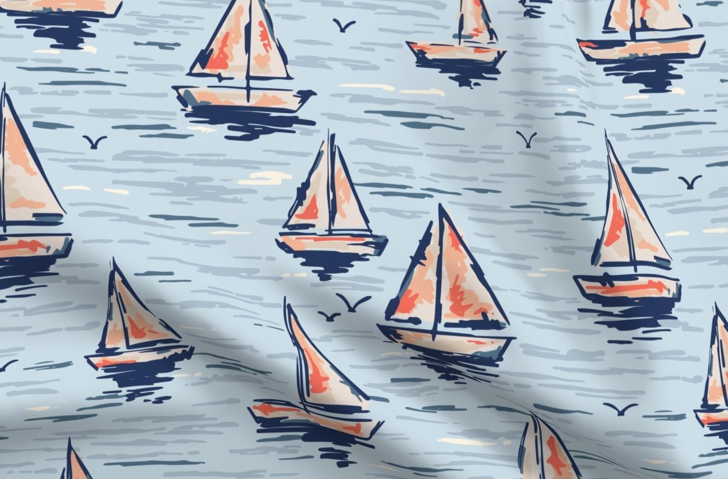 Spoonflower Fabric - Coastal Sailing Nautical Ocean Boats Lake Sea Sail Blue Fishing Printed on Petal Cotton Fabric Fat Quarter - Sewing Quilting Apparel Crafts Decor