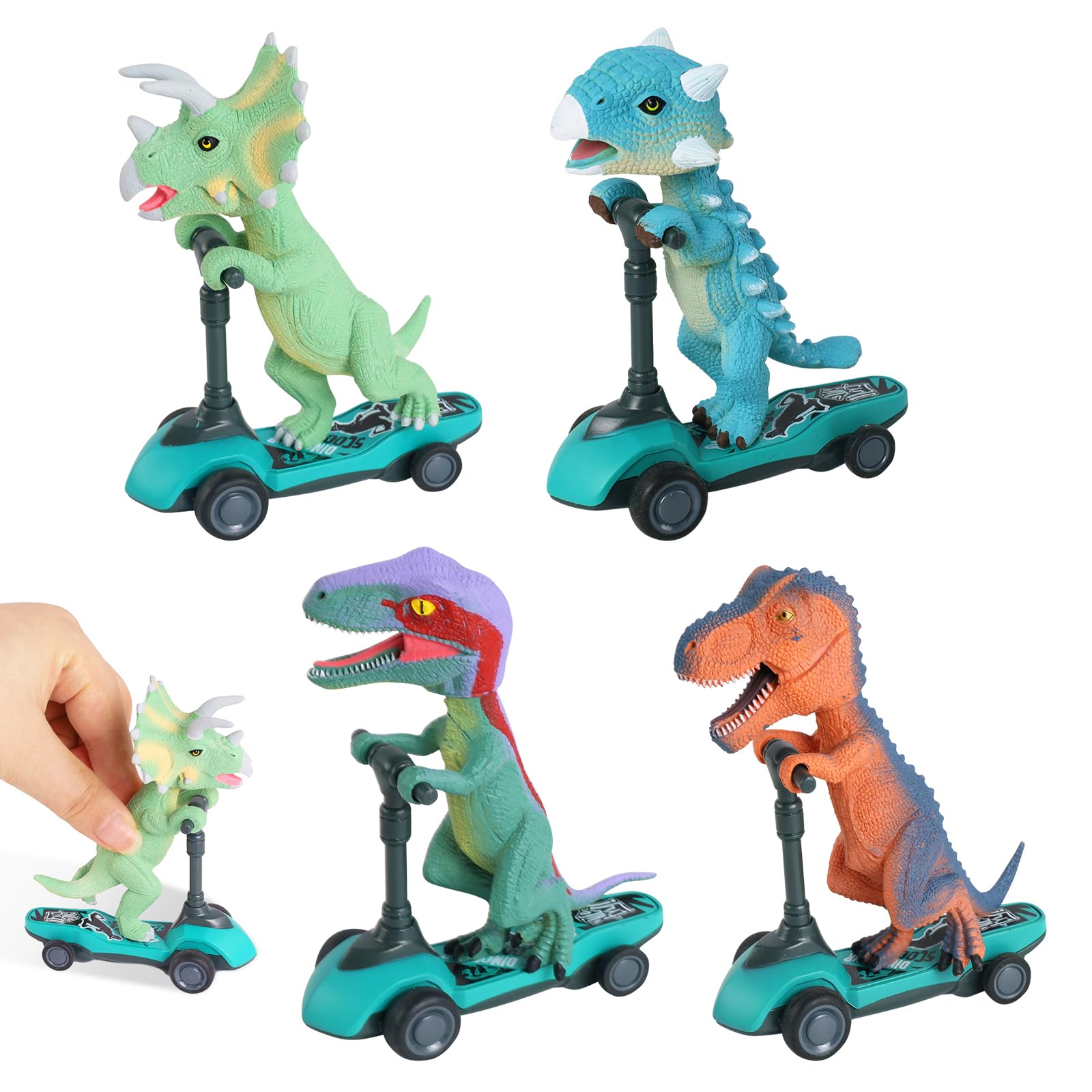 Quixoticaim 4 Pack Dino Scooter Toys, Dino Pull Back Cars, Mini Finger Kick Scooters Boy Toy, Dinosaur Car Toys, Dino Gift Sets for Boys, Dinosaur Toy for Boys Age 2 3 4 5 6