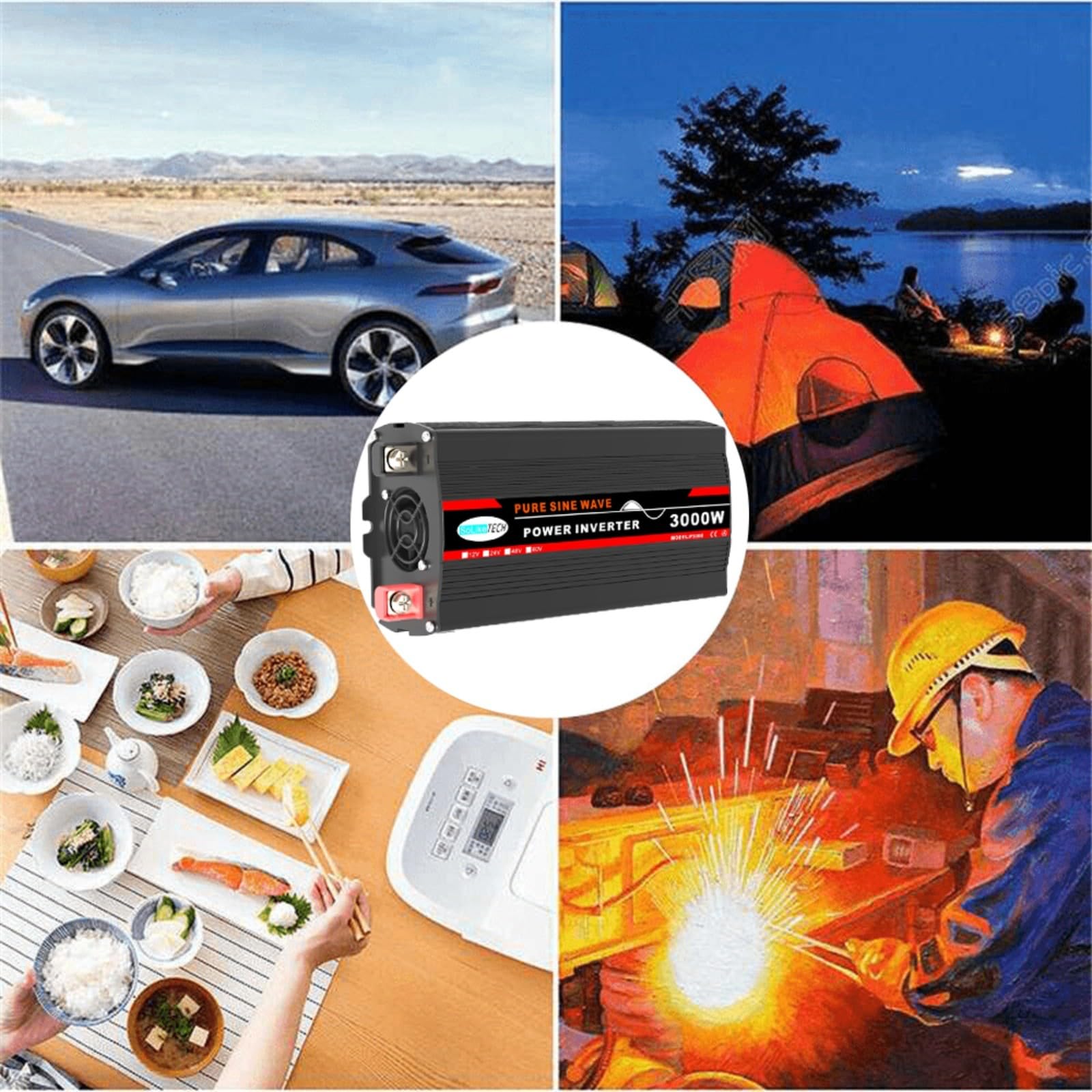 Onduleur sinusoïdal pur 3000 W, écran LCD, convertisseur de voiture, pour panneaux solaires, appareils ménagers (12 V à 220 V)