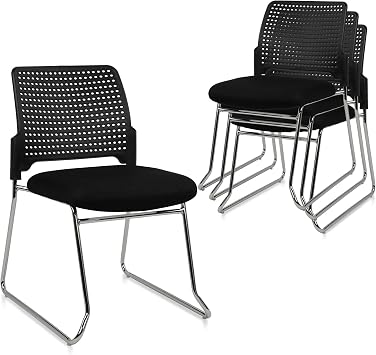 CLATINA Stacking Chair Set of 4, Office Waiting Reception Stackable Armless Chairs with Padded Seat Sled Base, Plastic Desk Chair No Wheels for Conference Lobby Break Room Guest School, Black
