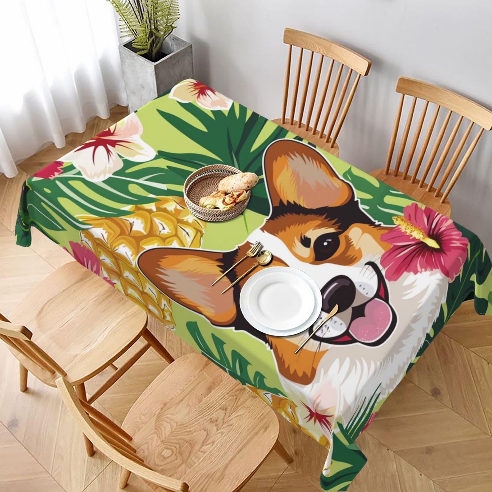 WPKJU Corgi Hawaiian Tropical Summer Pineapple Printed Tablecloth 60x90 in Water Resistant Table Cover Washable Rectangle Table Cloth for Dining Tables