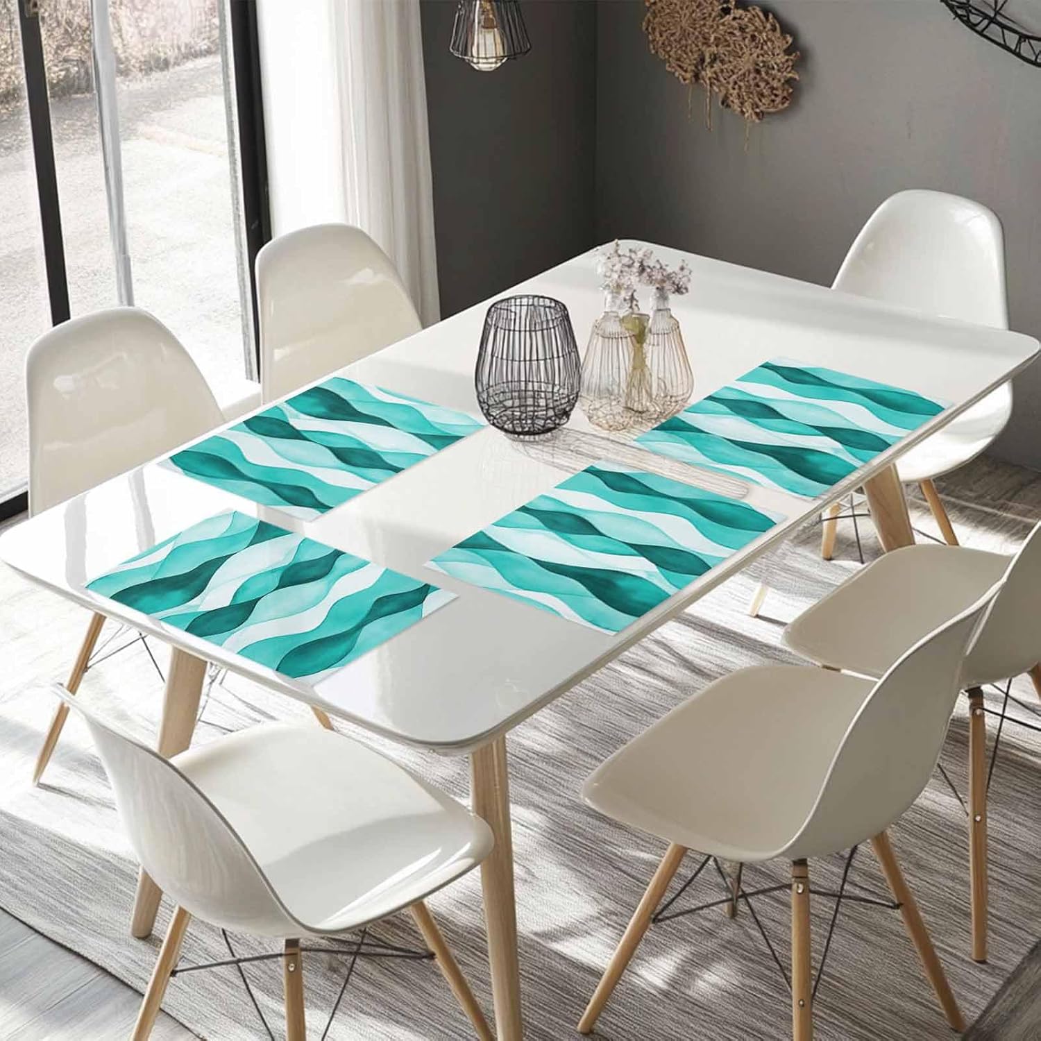 Teal Gradient Placemats Set of 12, Abstract Watercolor Geometric Table Mat Place Mats for Home Party Table Decorations