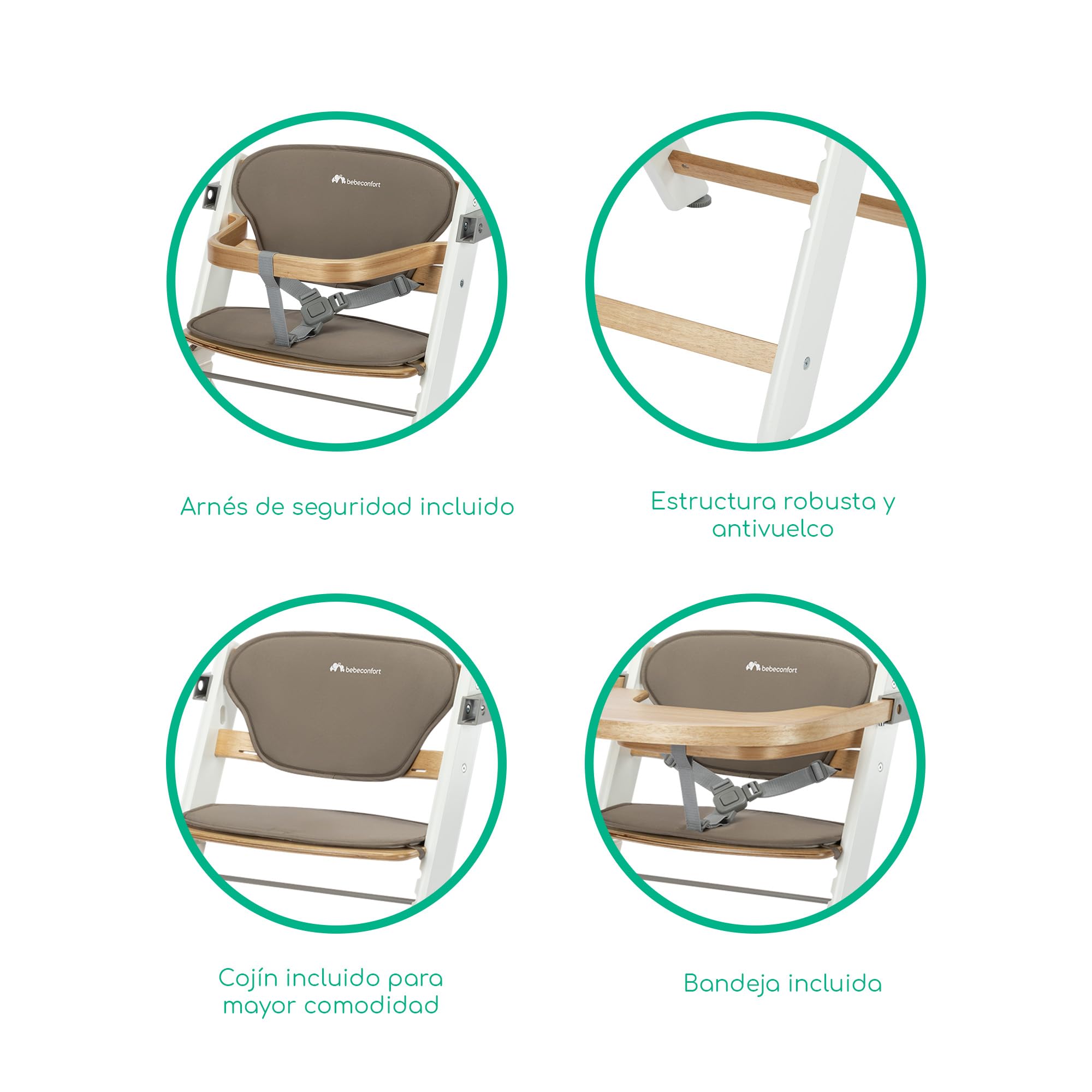 Bebeconfort Timba 2 con Cojín, Trona Bebé Evolutiva, Desde 6 meses hasta 110 kg, Silla Trona Bebé Comedor Ergonómica, Apta Todo Tipo Mesas, Bandeja Extraíble, Con Arnés, Natural Wood (Madera)+Beige