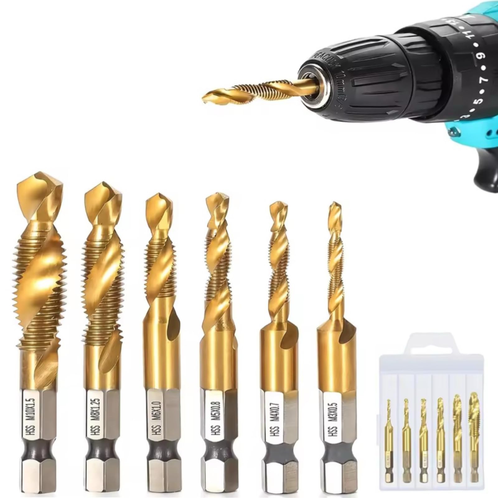 sunkizzrs® 6-pcs hss spiral drill screw tap bit set (m3-m10) | 1/4" hex shank threading tap drill bits for wood/plastic/pvc/aluminum/copper — high hardness & rust resistance