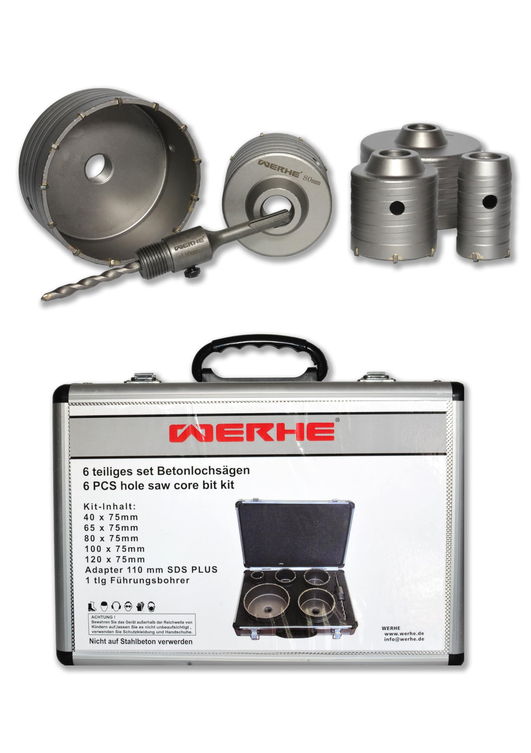 WERHE Set Sega a Tazza per Calcestruzzo 6 Pezzi, 40-120 mm, SDS Plus | denti in metallo duro, profondità di foratura 75 mm, M22 filettatura, valigetta da trasporto con inserto in schiuma