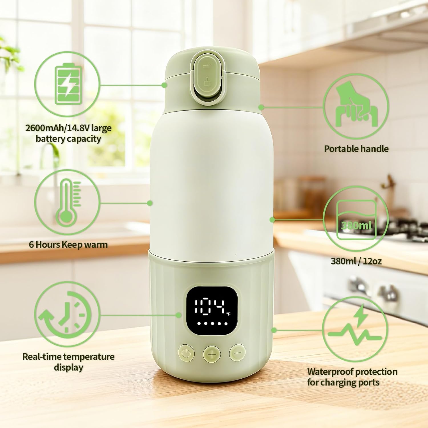 Portable Milk Warmer for Travel, 12.8 oz Baby Bottle Warmer with 100w Fast Heating, Formula Container to Go for Breast Milk, Accurate Temp Control, Travel Portable Milk Water Warmer for Breastmilk