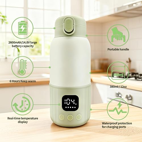 Miniatura 2 de Calentador de biberones portátil para viajes, calentador de biberones de 2600 mAh con calentamiento rápido de 100 W, recipiente de fórmula de 12